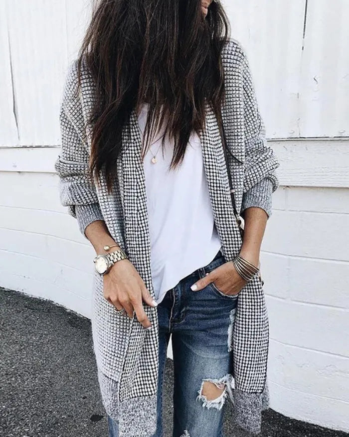 Women's long-sleeved plaid cardigan for a stylish look