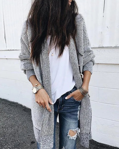 Women's long-sleeved plaid cardigan for a stylish look