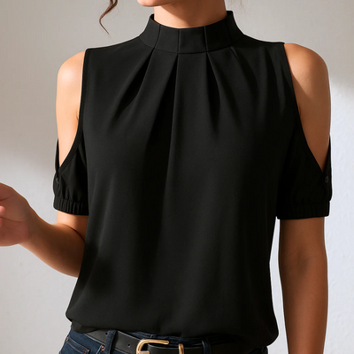 Flowy blouse with a high neck and slits on the short sleeves