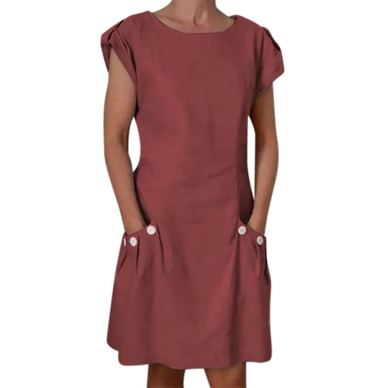 Micaela - Casual woven dress with short sleeves and a round neckline, khaki