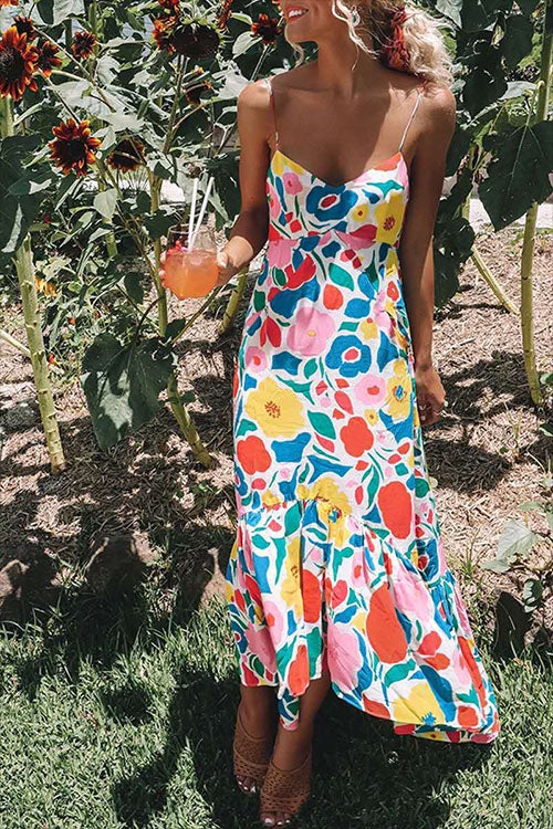 Viktoria - Floral Print V-Neck Spaghetti Strap Dress