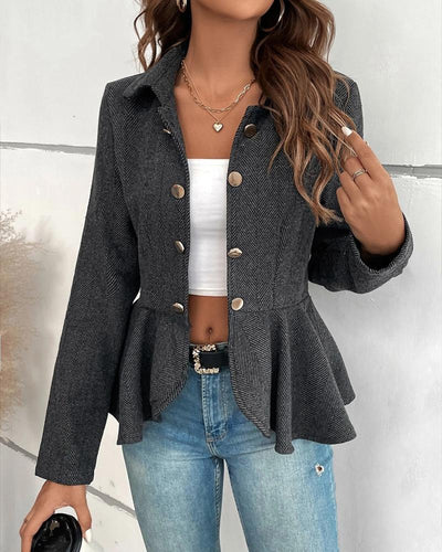 Elegant Button-Down Blazer with Striped Ruffle Hem, Slim Fit