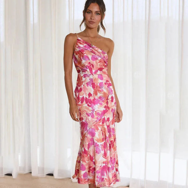 Floral print midi dress with asymmetrical one-shoulder design
