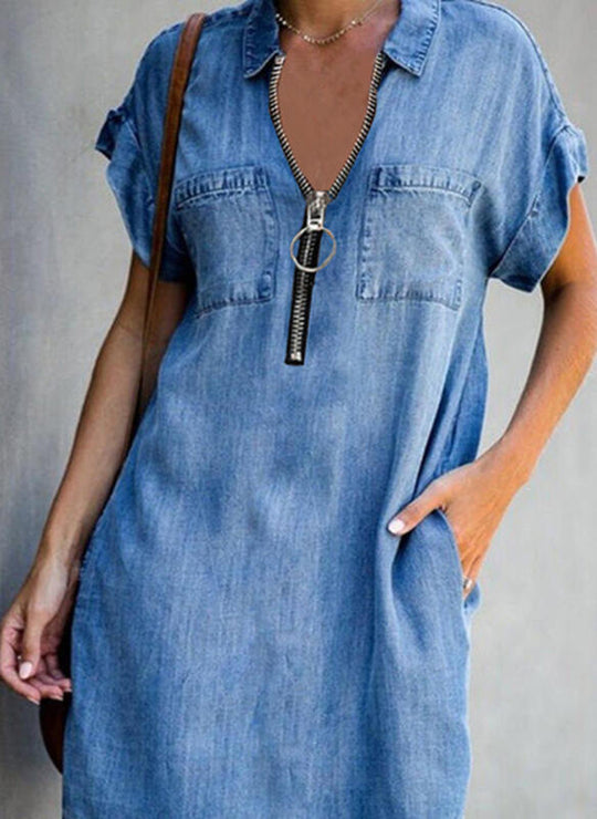 Chloe - Slim Fit Denim Dress with Zip and Collar