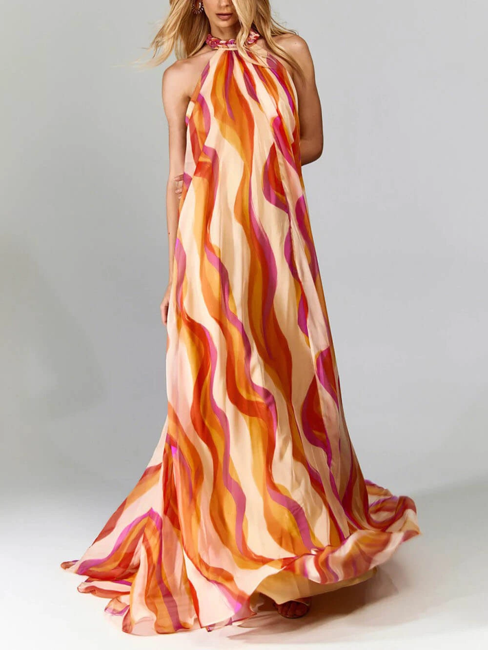 Elegant halterneck summer maxi dress with wave print