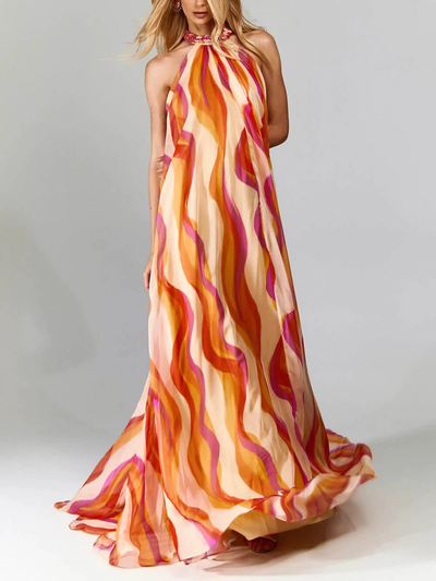 Elegant halterneck summer maxi dress with wave print