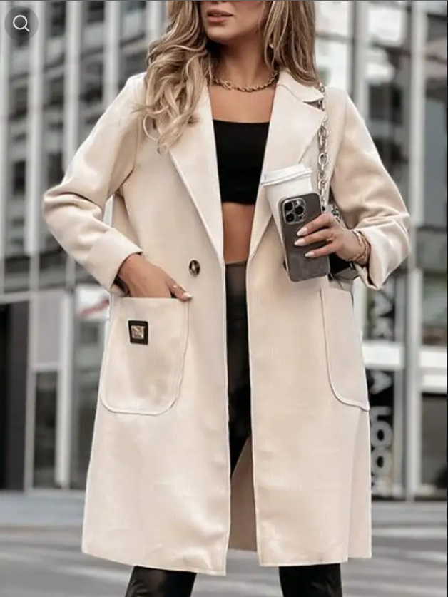 Women's Casual Mid-Length Coat with Lapel and Long Sleeves