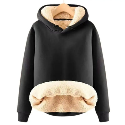 Warm women's coat with deep hood and long sleeves, ideal for cold days