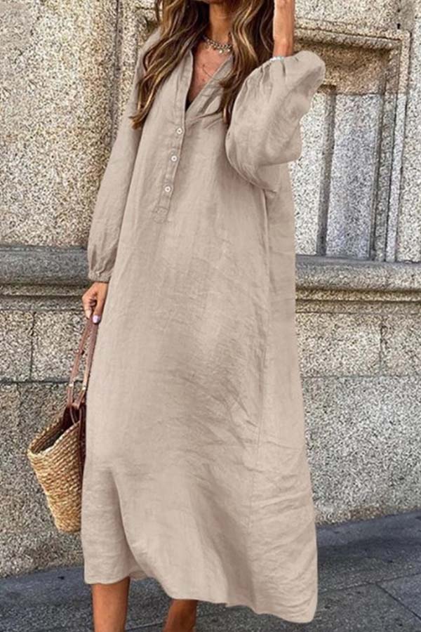 Monica - Button Down V-Neck Long Sleeve Solid Color Linen Cotton Jumpsuit