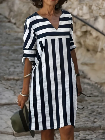 Alba - Casual Striped Dress with Plunge Neckline and Sleeves