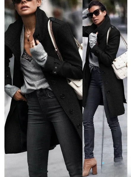 Women's Long-Sleeved Coat with Modern Design and Solid Color