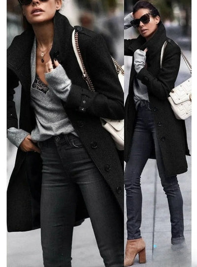 Women's Long-Sleeved Coat with Modern Design and Solid Color