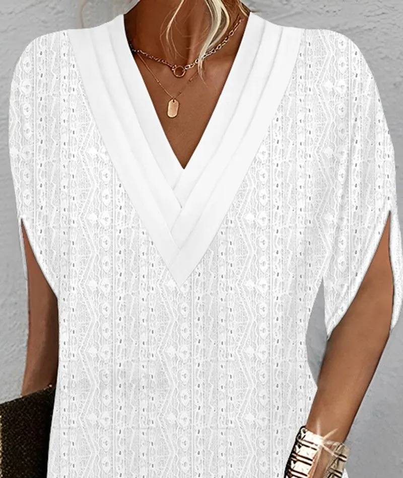 Berta - Women's Casual Half Sleeve V-Neck Eyelet Embroidered Dress