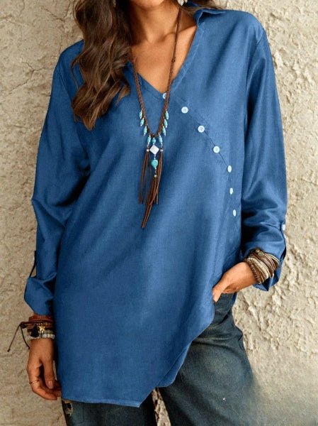 Esther Long Sleeve V-Neck Button Down Blouse