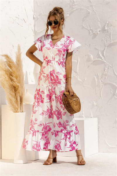 Gianna - Floral Print V-Neck Short Sleeve Lace-Up Button Down Maxi Dress Spring Summer