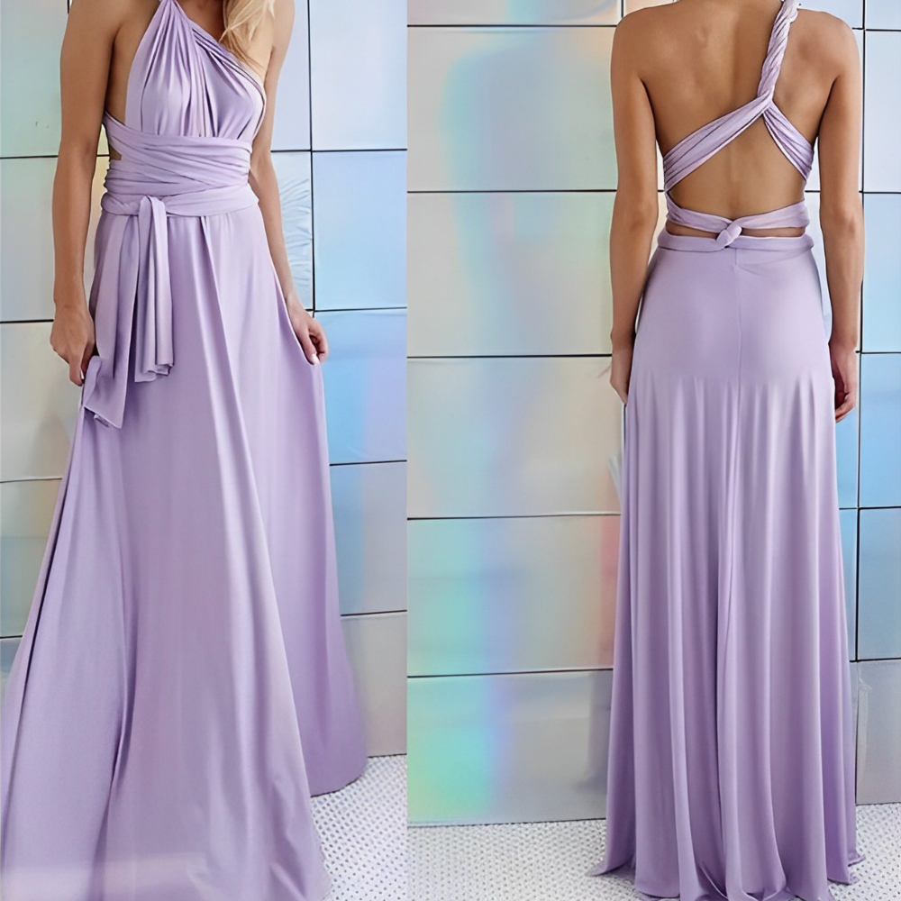 Elegant long sleeveless evening dress with open back
