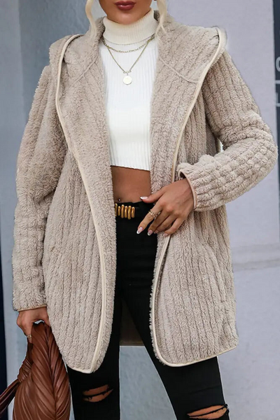 Light Brown Casual Hooded Drawstring Jacket - Solid Patch Design for Urban Style