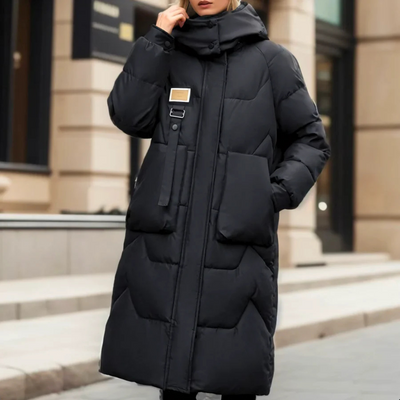 Modern long women's coat ideal for winter