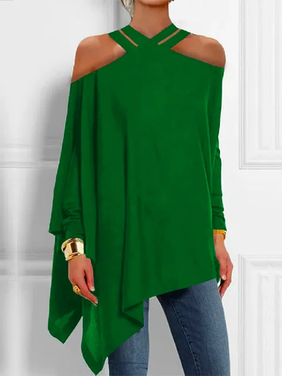 Malena - Solid Color Hollow Out Asymmetrical Loose Blouses and Shirts Off Shoulder Tops