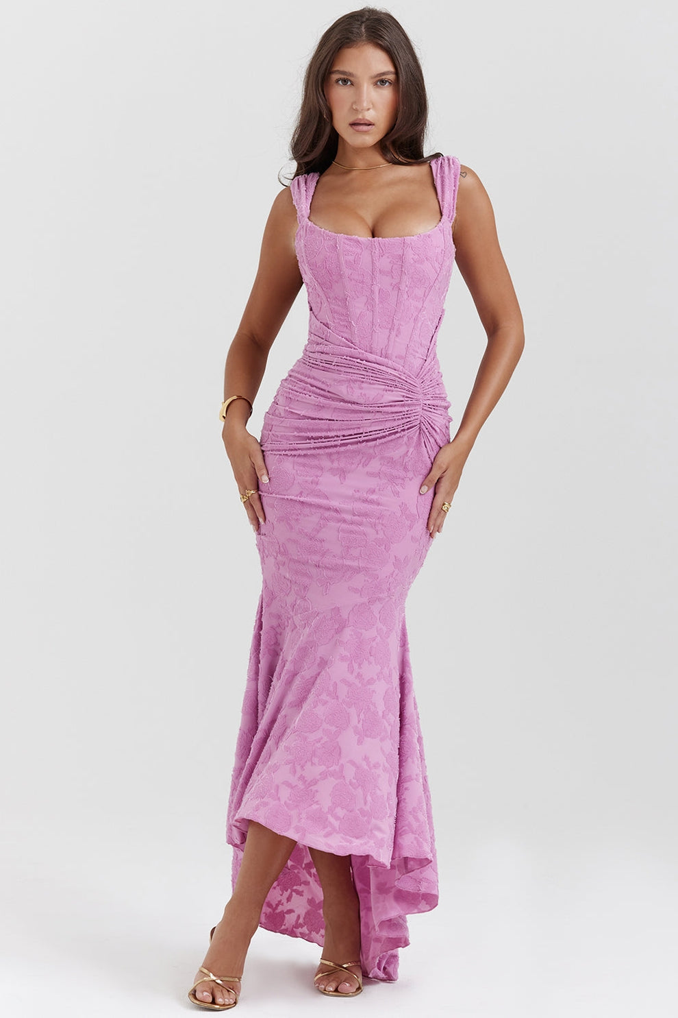 Elegant and sophisticated long dress with asymmetrical skirt and adjustable straps
