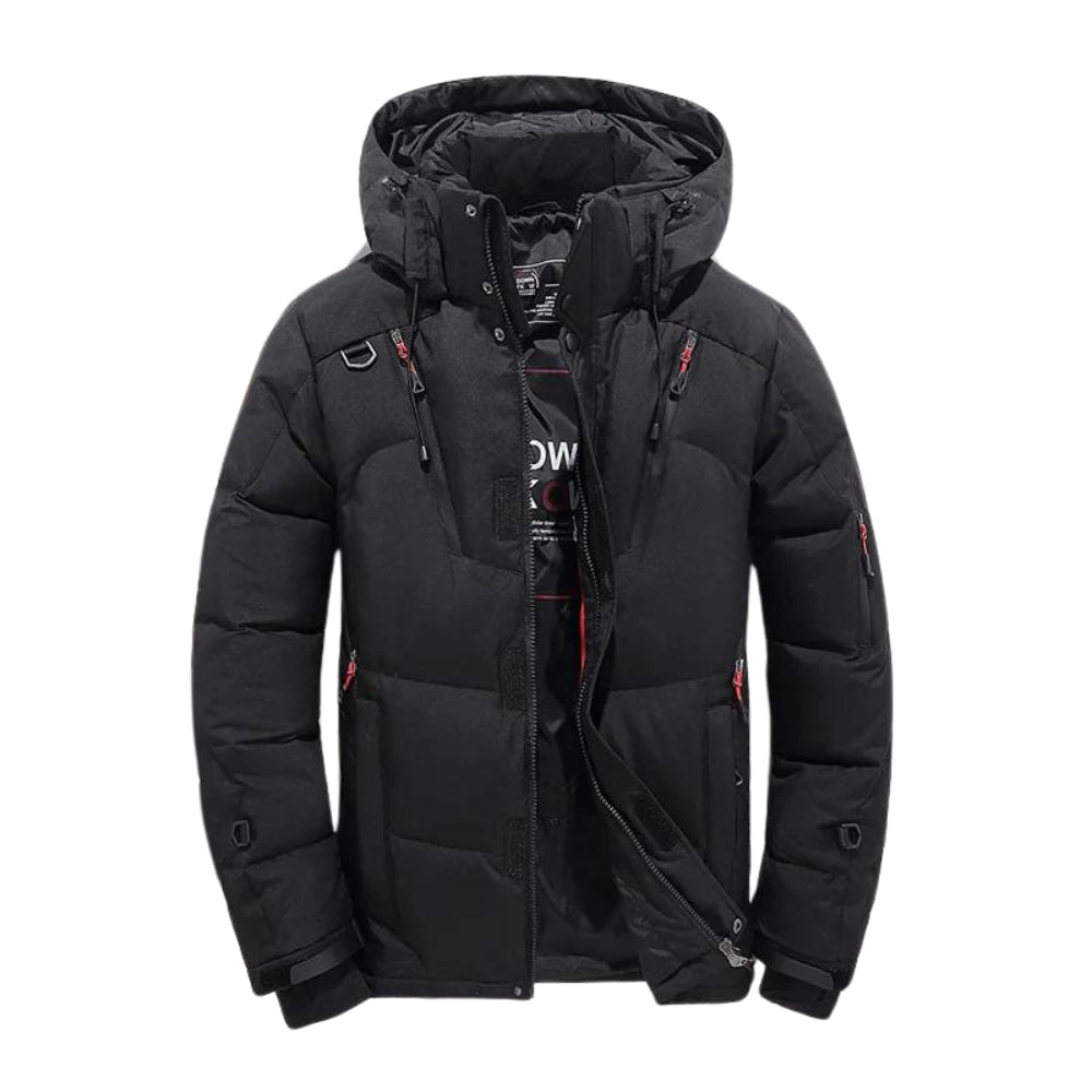 Warm winter windbreaker with hood and pockets