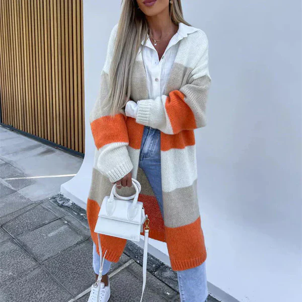 Relaxed and elegant tricolor striped cardigan