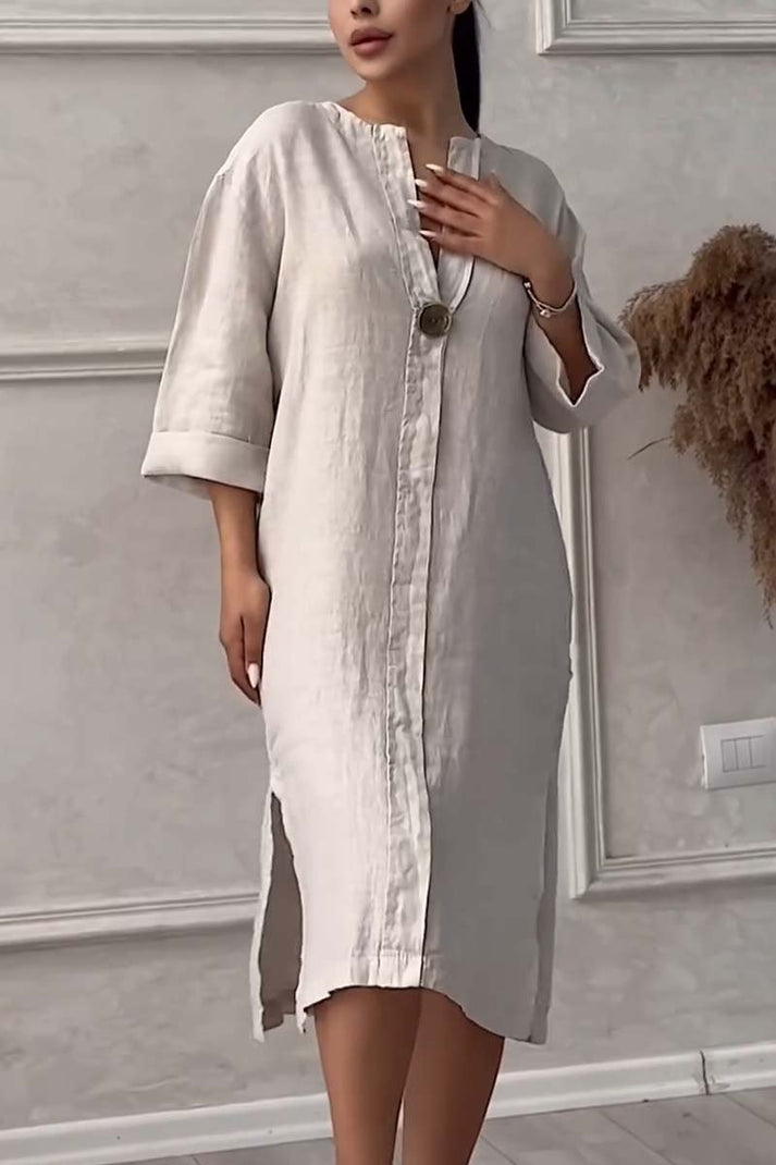 Emma - Casual cotton and linen button-down dress
