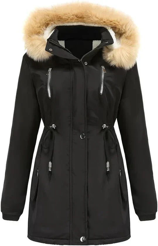 Elegant long women's winter coat with hood