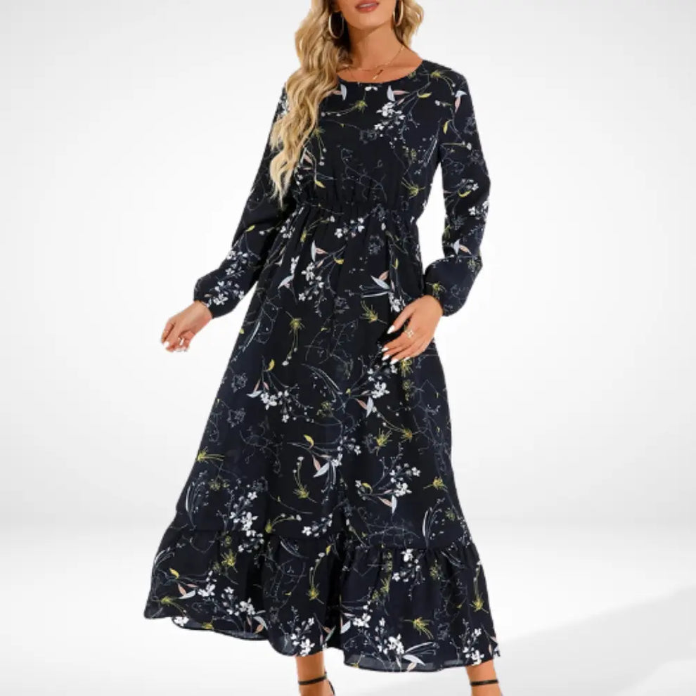 Loose long dress with floral print and long sleeves