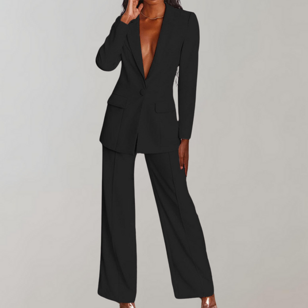 Modern one-button blazer and wide-leg pants set for women