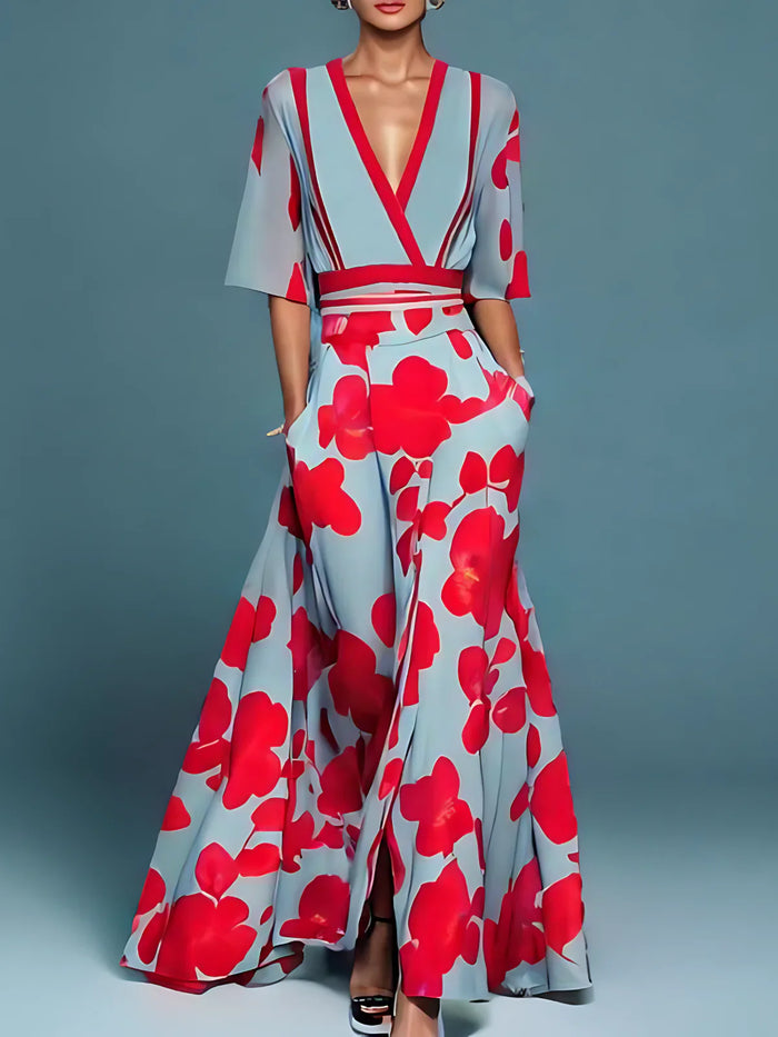 Elegant floral print long dress with V-neckline