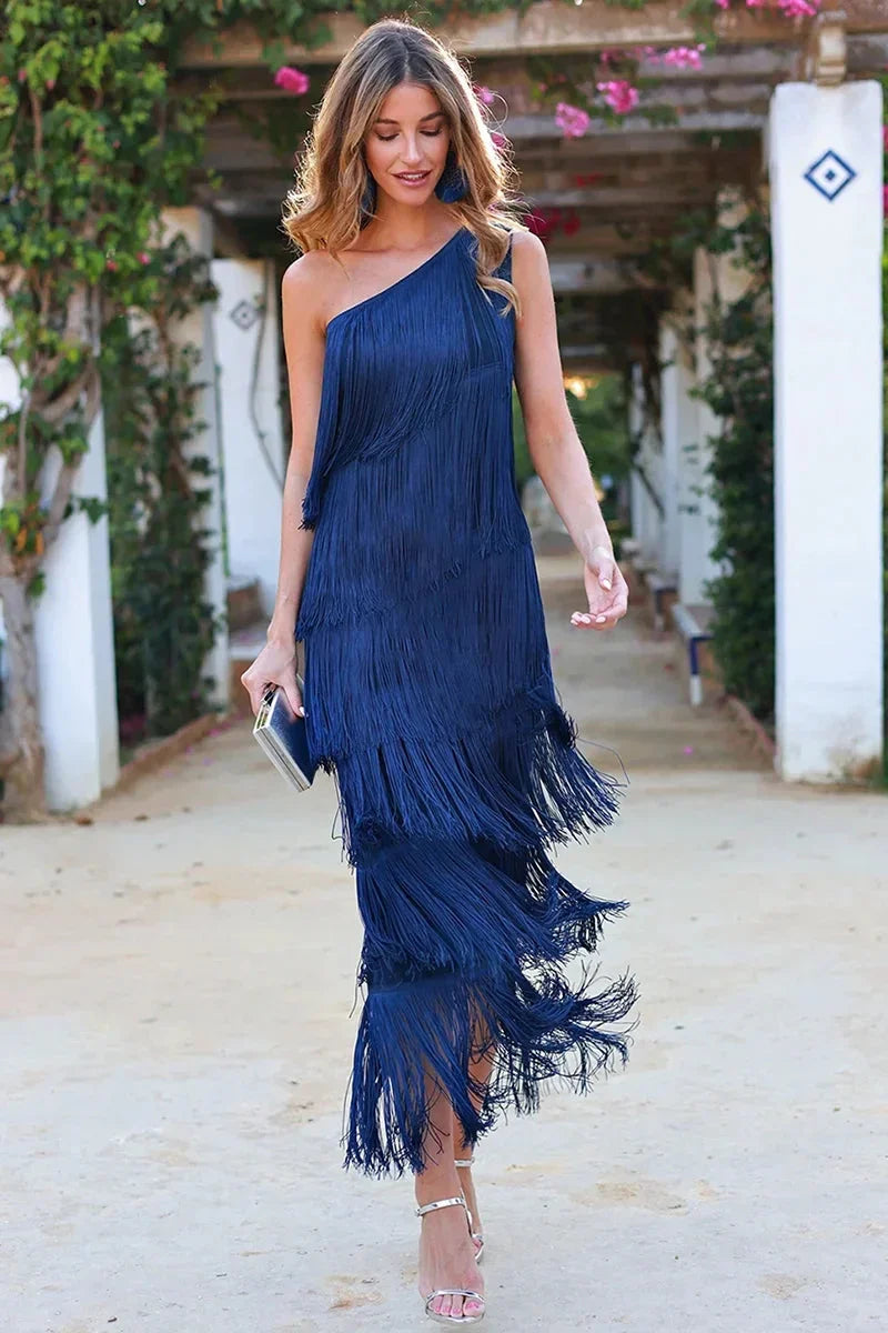 Elegant one-shoulder design fringe long midi dress