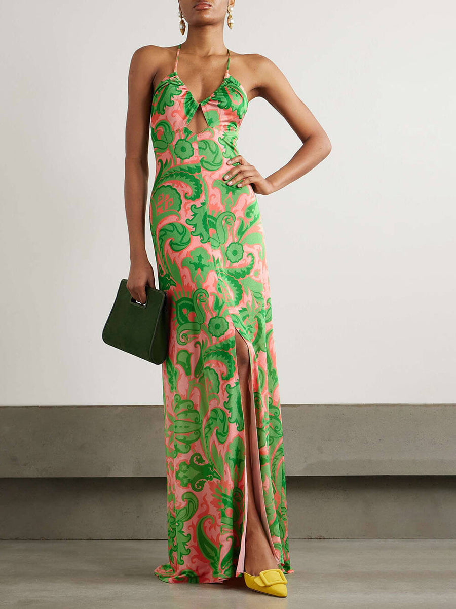 Elegant women's summer long printed dress with slits