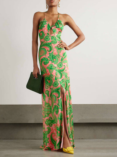 Elegant women's summer long printed dress with slits