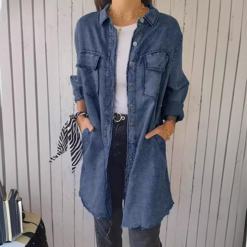 Emma - Women's comfortable denim-look coat shirt with lapels