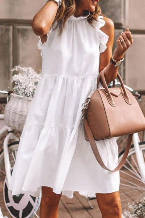 Modern and pretty patchwork dresses with fixed ruffles and A-line O-neckline