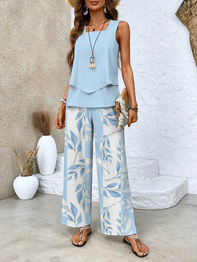 Colette - Blue two-piece set with floral print and square neck