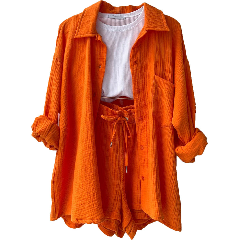 Women's summer set of flowing button-down shirt and matching shorts