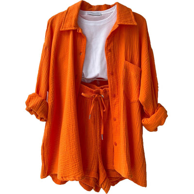 Women's summer set of flowing button-down shirt and matching shorts