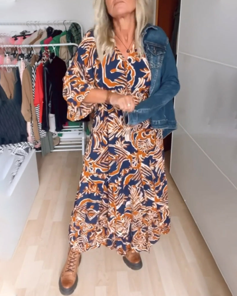Long printed dress with classic neckline