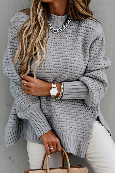 Erola - Fashion Street Solid O-Neck Slit Sweaters