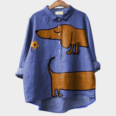 Loose-fitting blouse with partial buttons and a fun dog print