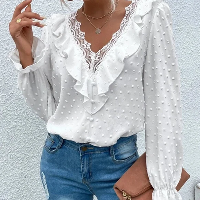 Micaela Boho Blouse with Swiss Polka Dots and Ruffled Lace