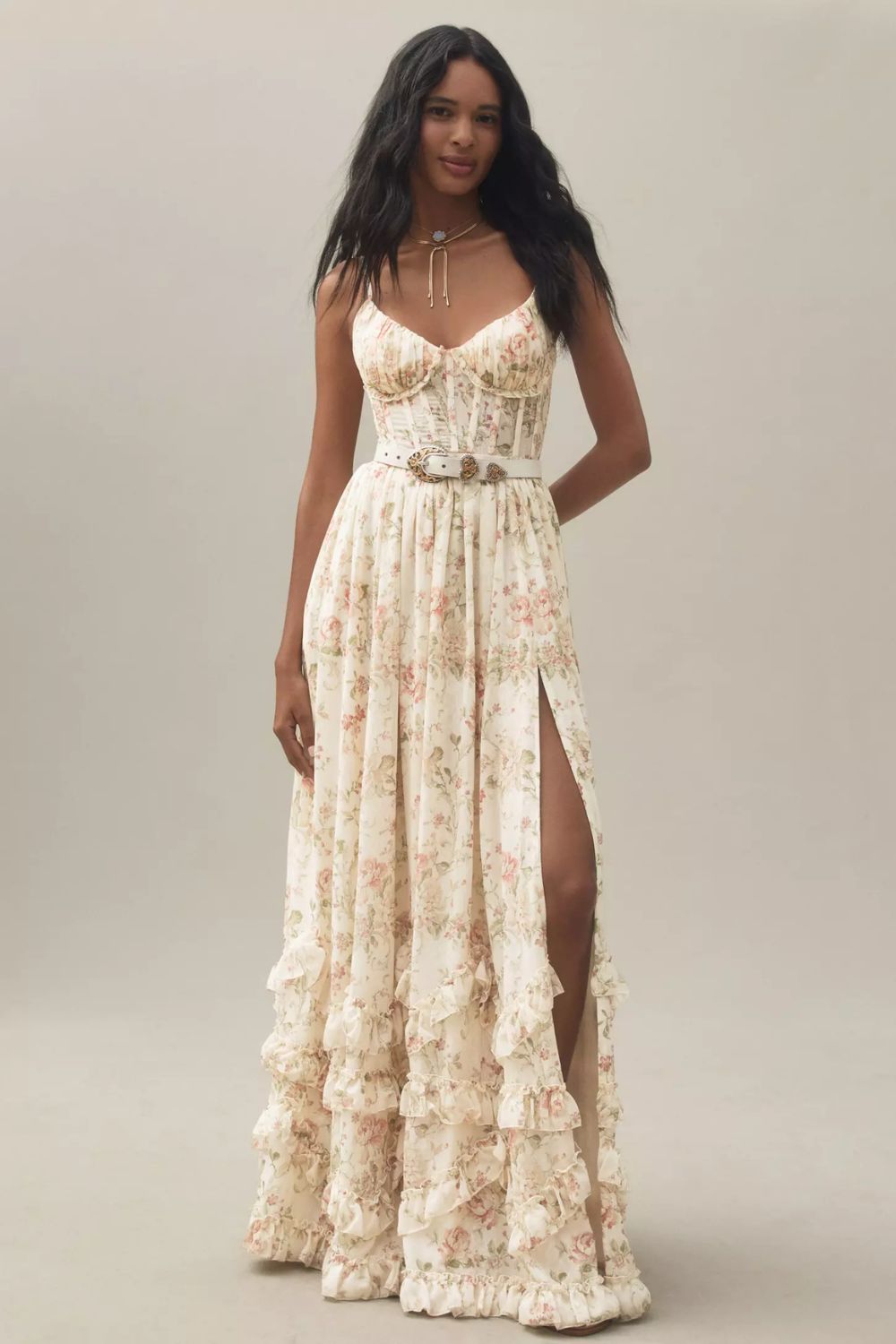 Long corset dress with thin straps and ruffled hem in a floral design