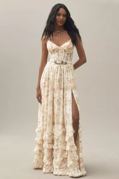 Long corset dress with thin straps and ruffled hem in a floral design
