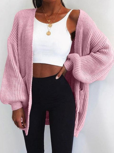 Plain knit long-sleeved cardigan for cozy evenings