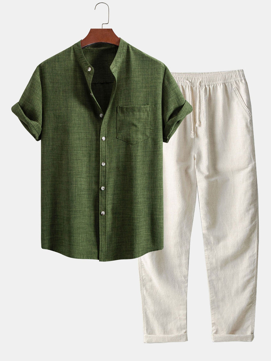 Men's set with short-sleeved mandarin collar shirt and casual straight-leg trousers