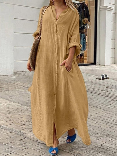 Karla - Loose Casual Plain Single Breasted Long Sleeve Pocket Pocket Maxi Dress
