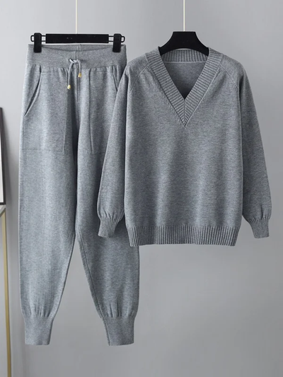 Delia Set: Comfortable Elegance with V-Neck Sweater and Harem Pants