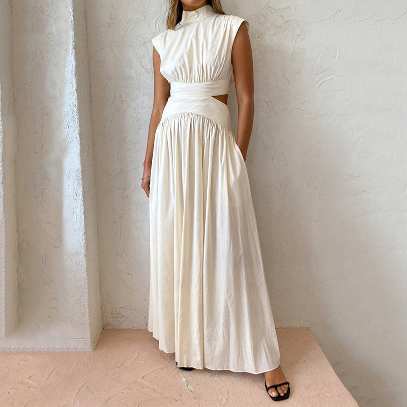 Claudia - Fashion High Neck Solid Color Casual Sleeveless Elegant Pleated Party Long Dress